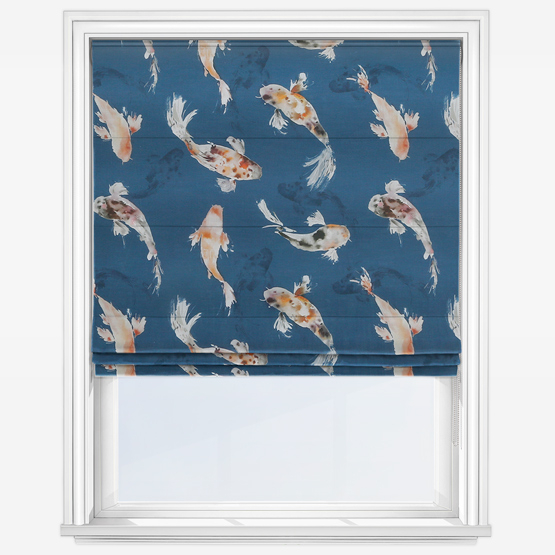 photo of navy blue roman blinds with goldfish printed on it