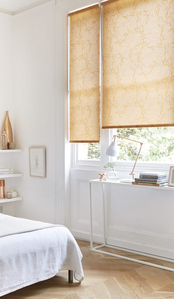 image to show bedroom with different types of window furnishings 