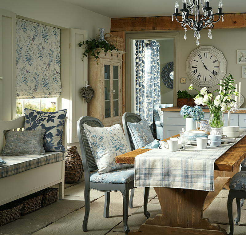 Country chic kitchen with floral and checked patterns