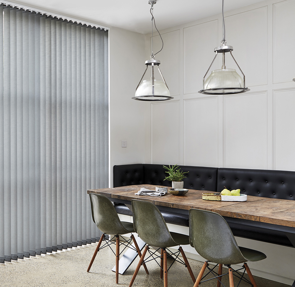 Mid-century modern industrial kitchen with vertical blinds