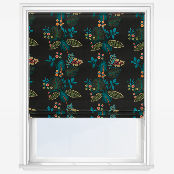 photo of black roman blind with teal floral print 