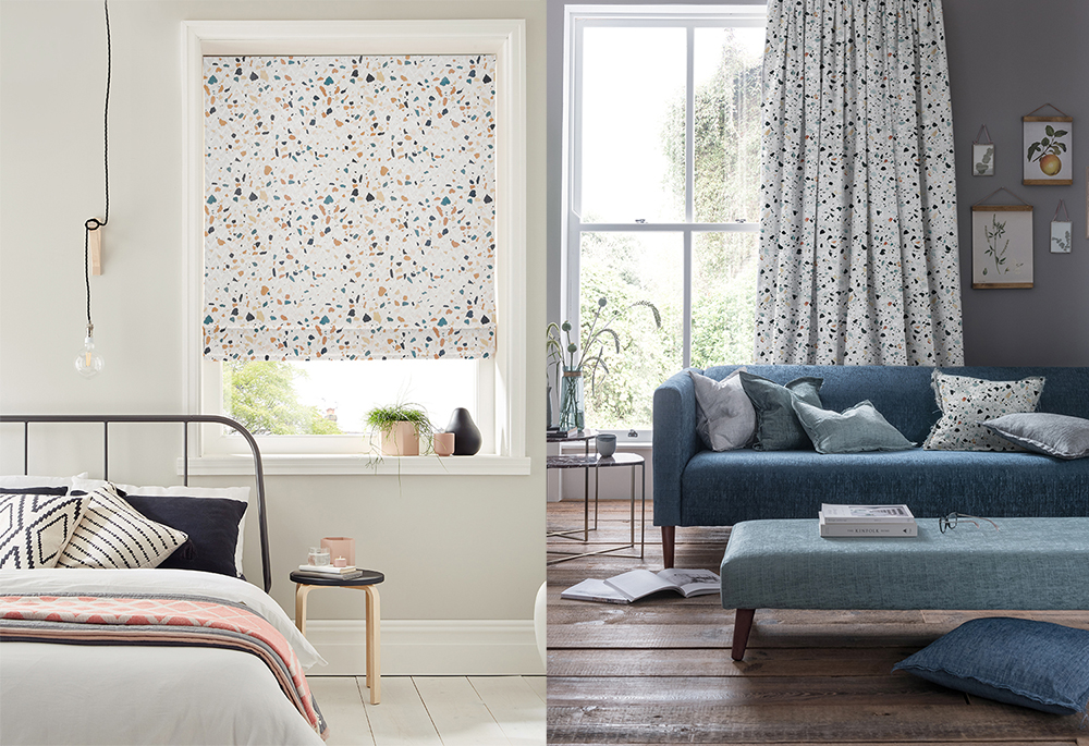 Terrazzo Roman blinds and curtains in stylish homes.