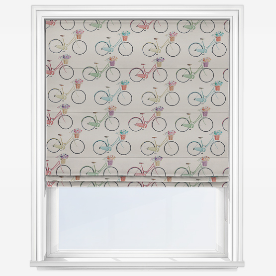 photo of cream roller blind with bicycle print 