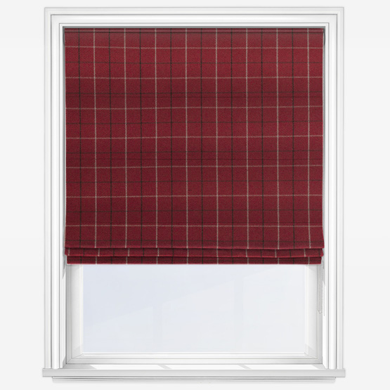 image of dark red blind with windowpane check pattern print 
