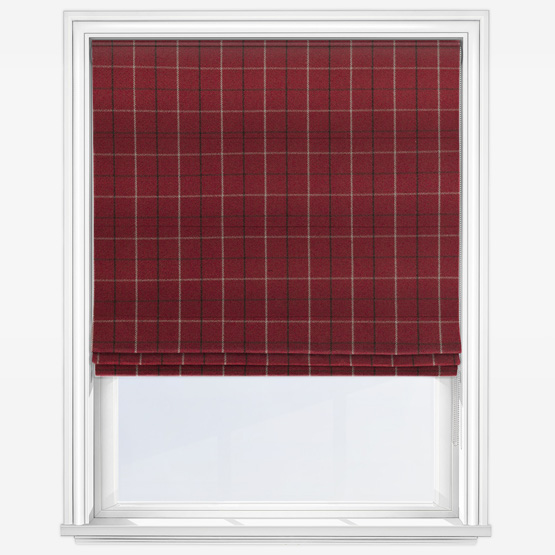 image of dark red blind with windowpane check pattern print