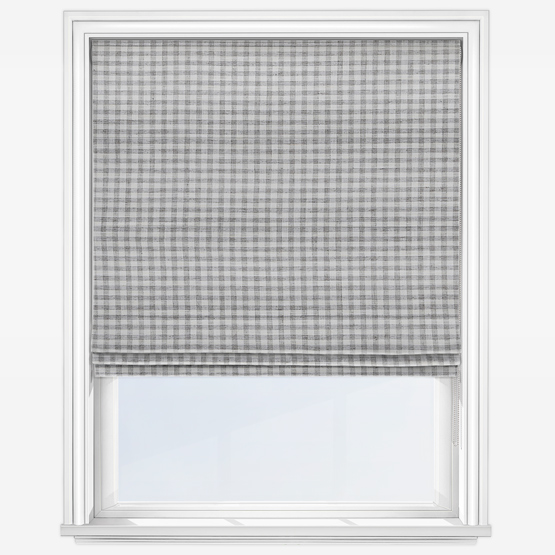 grey roller blind with check patterns