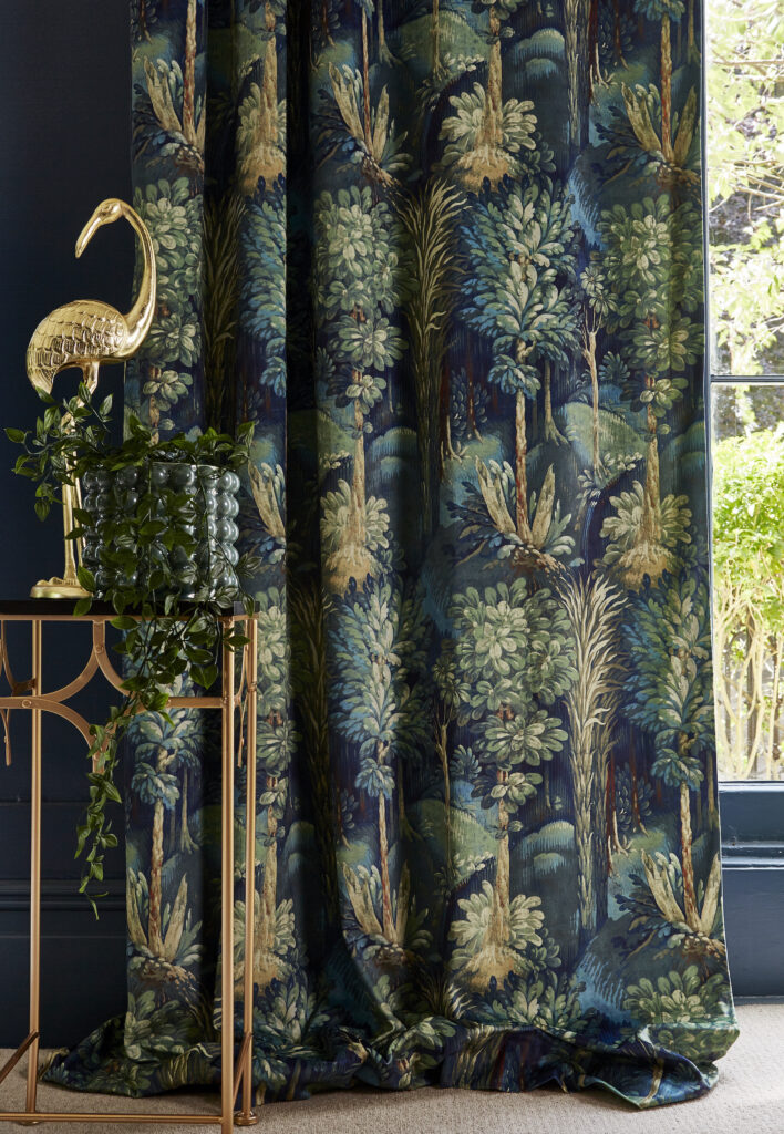 photo of floral printed quirky curtain in green room