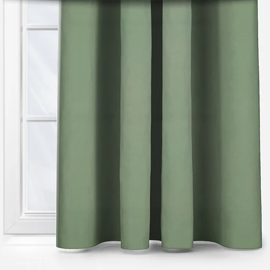 Sage green curtain touched by design naturo recycled material.
