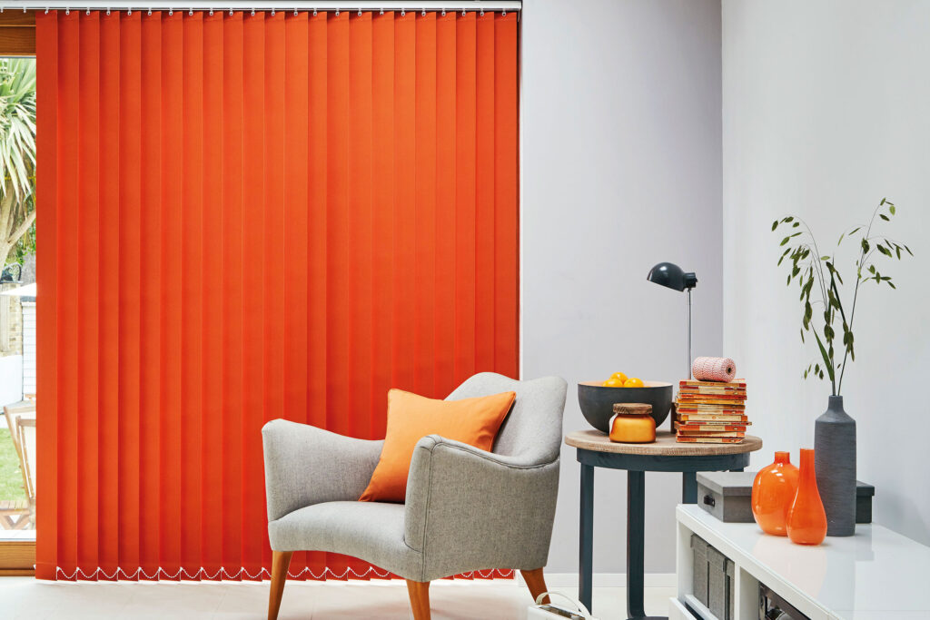 living room with clean vertical blinds