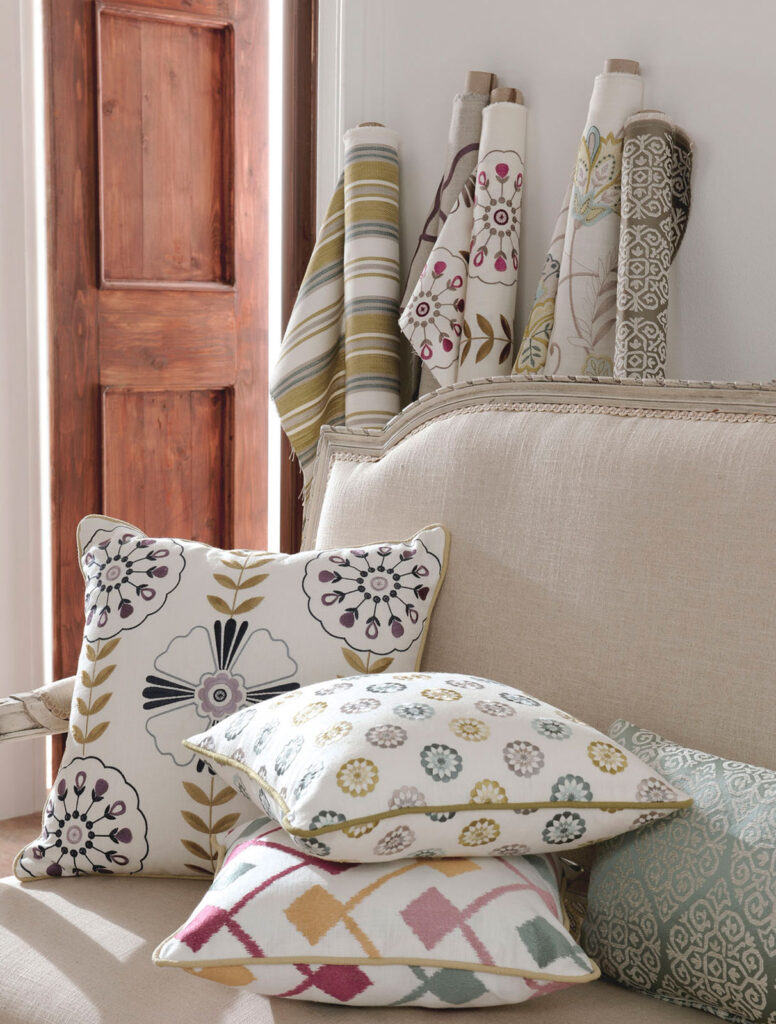 pattern cushions on global nomad style sofa