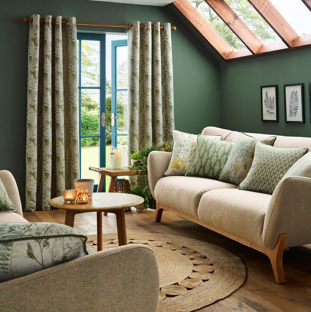 positive green colours in living room with sofa and cushions