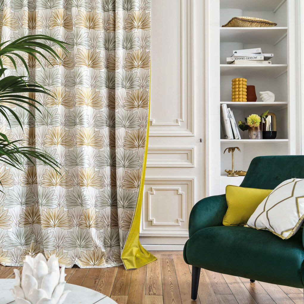 green sofa and pattern curtain inspired french interior design