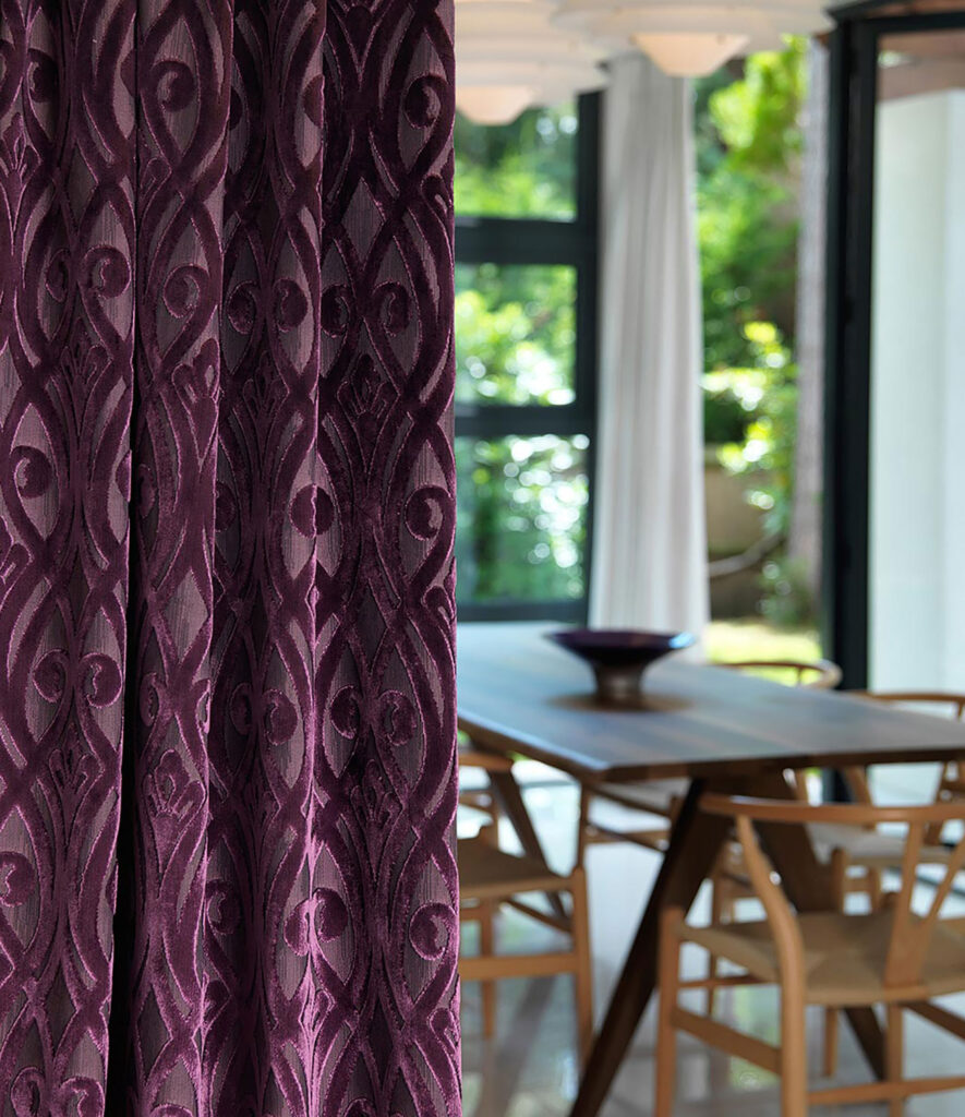 purple curtain in Spanish style kitchen in the Iberian peninsula 