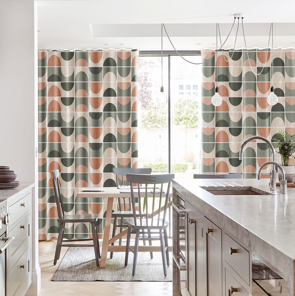 image of coral patterned curtains in kitchen to show colours to go with grey