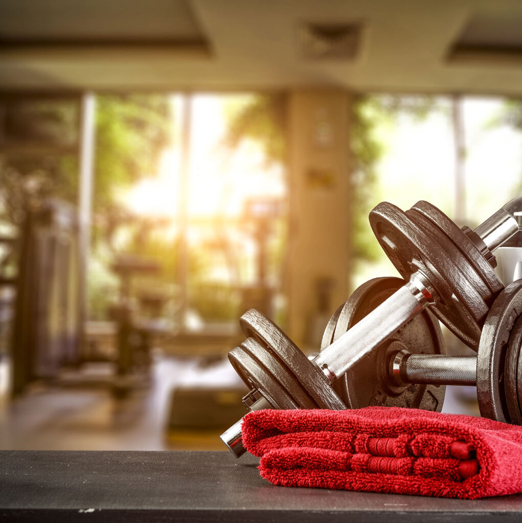 Image to show a home gym set up with a red towel next to black weights and sun shining through the window 
