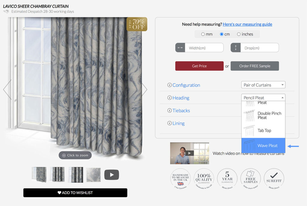 explainer image to show users how to find the wave curtains option on the product page
