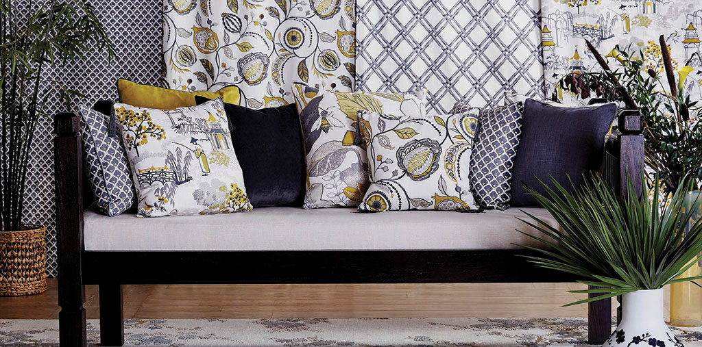 maximalist designed cushions and sofa layout 