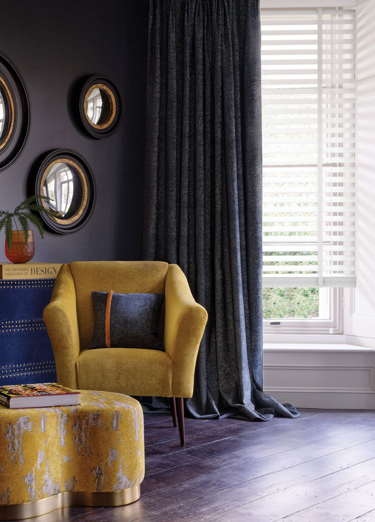 light styled modern wooden blinds in dark blue room with yellow and grey interior design