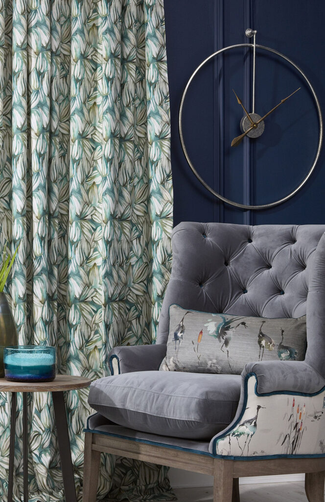 photo of living room with floral printed curtains