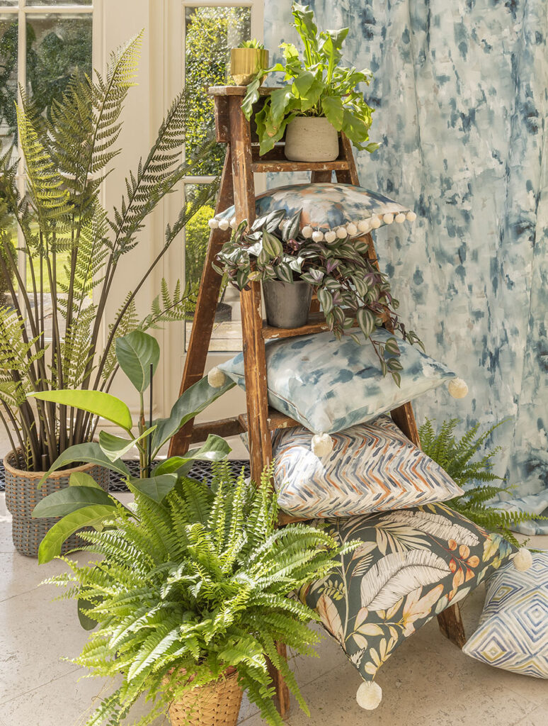 photo of house plants next to cushions on a shelf to show example on jungalow interior design