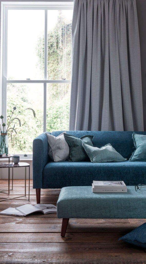 image of blue themed living room to show which colours go with lilac