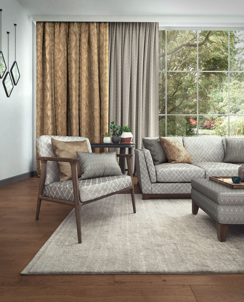 a photo of living room using autumn colours as a theme