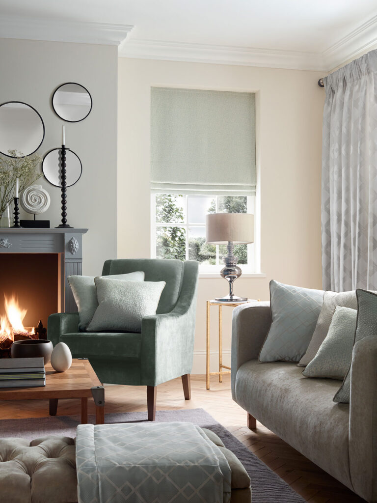 room set image of living room to show a soft green colour interior 