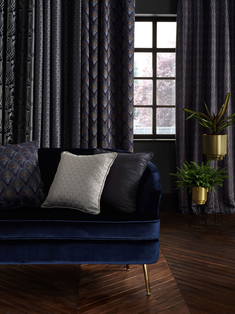 an image of living room set with blue theme