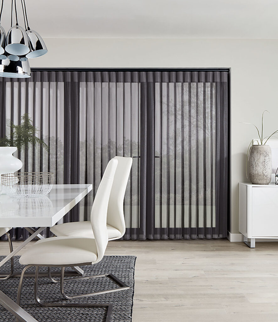 open planned dining room set image with a black type of illusion blinds