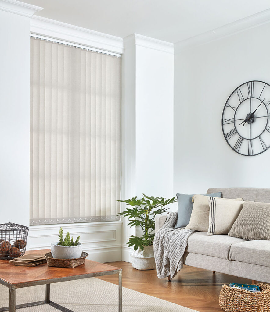 image to show example of how a vertical blind can have a linen look in a living room 