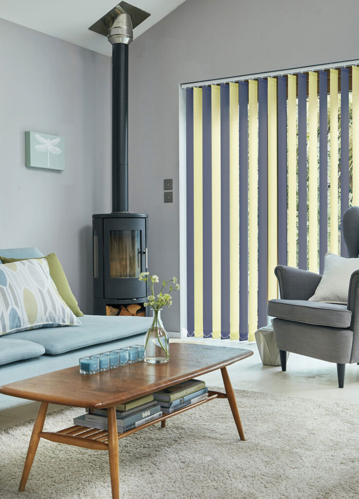 image to show living room with chambray blue and saffron yellow alternate vertical blinds on window 