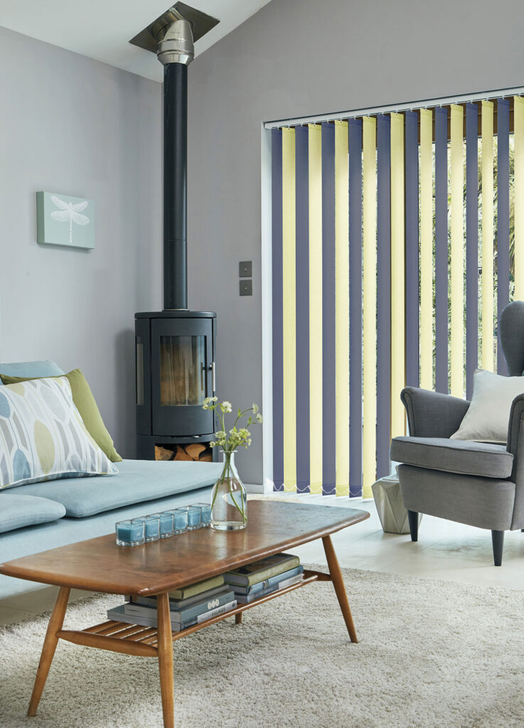 image to show living room with chambray blue and saffron yellow alternate vertical blinds on window