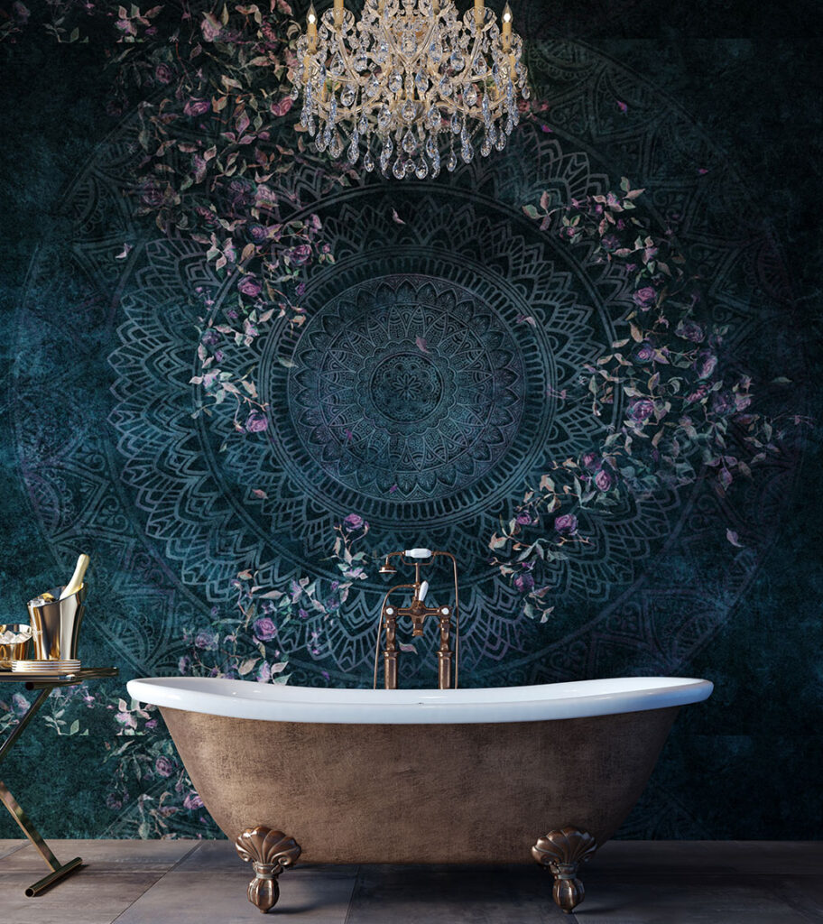 a photo of a bathroom using jewel tone interior design 