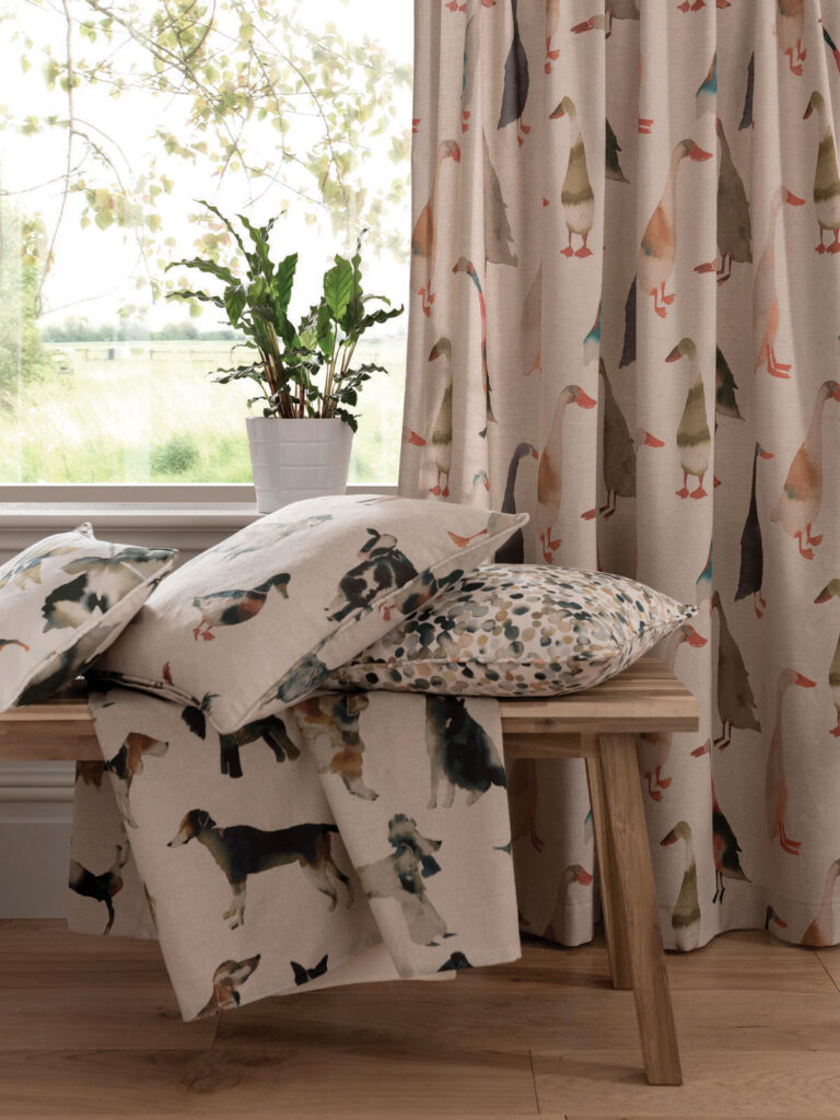 image that gives example of how to use a uk bird on curtains and cushions 