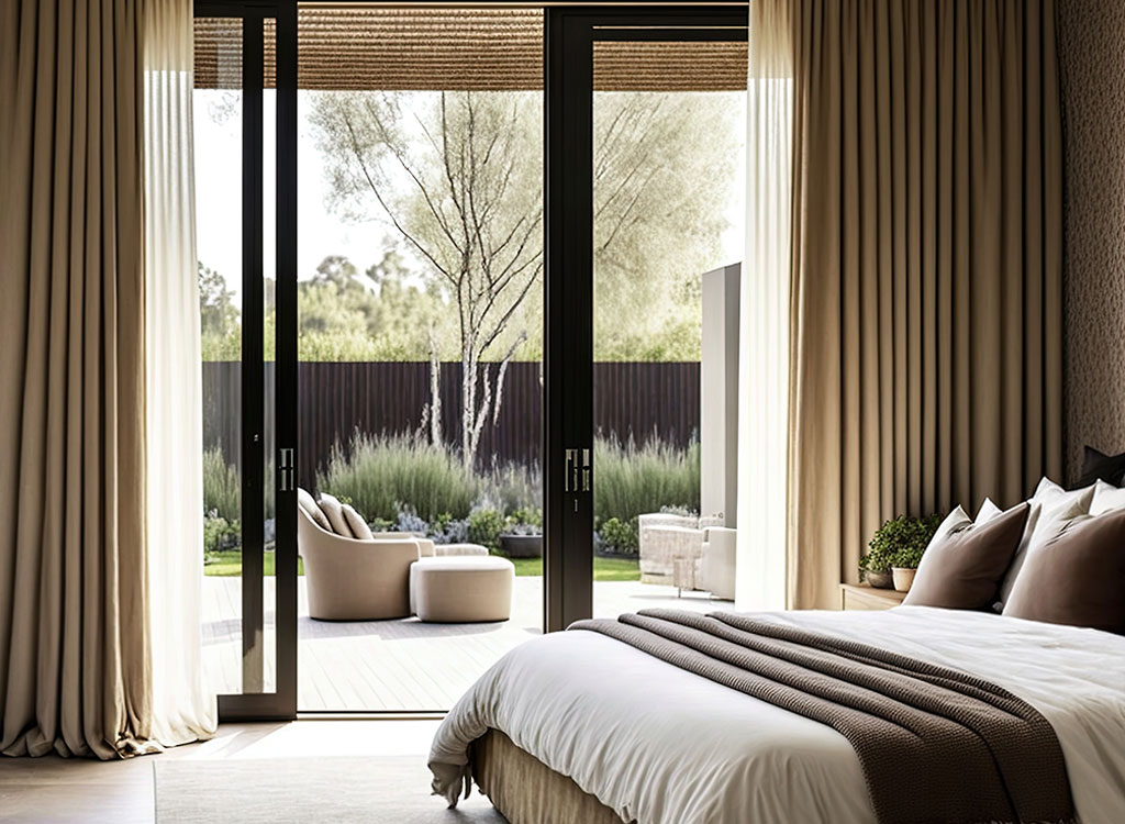 a photo of a bedroom with bed next to curtains on  large bi fold doors