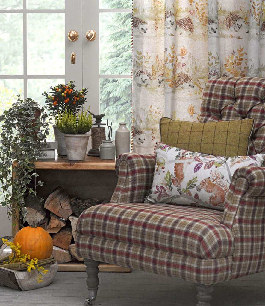 image of tradition tartan chair next to window and curtain