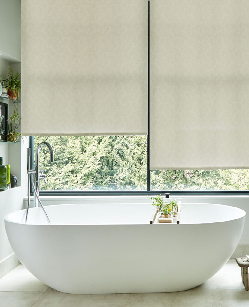 image of roller blinds in bathroom in front of bath tub