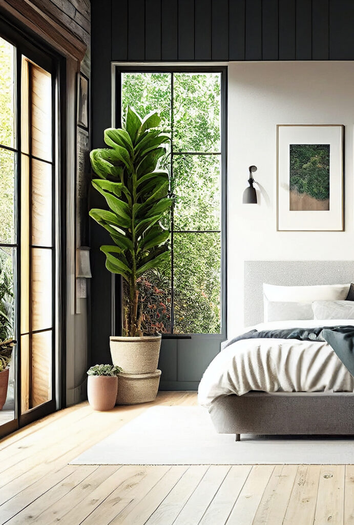 image of green bedroom with large house plant next to bed