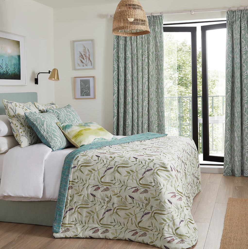 room set image to give ideas for how to style a green bedroom 