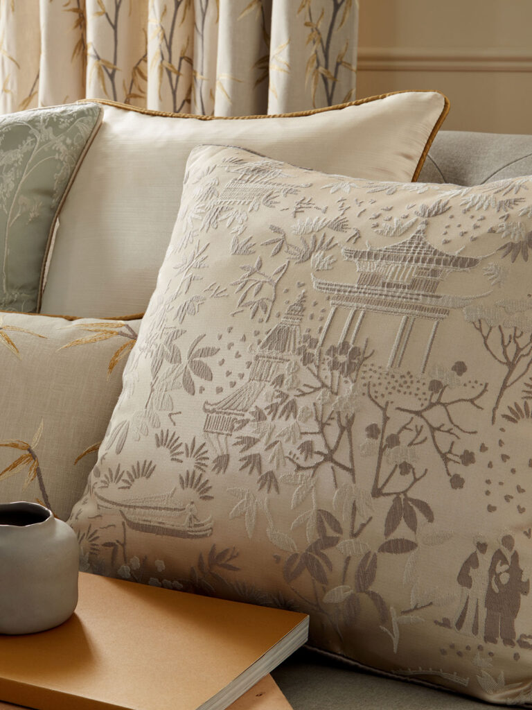 close up image of two cushions that can used when decorating with chinoiserie