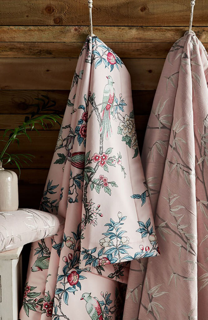 image of two chinoiserie fabric hung up on wall