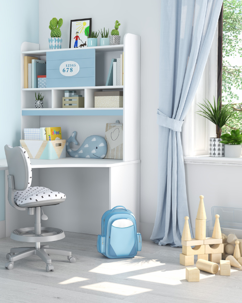 Light blue curtains in kids bedroom.