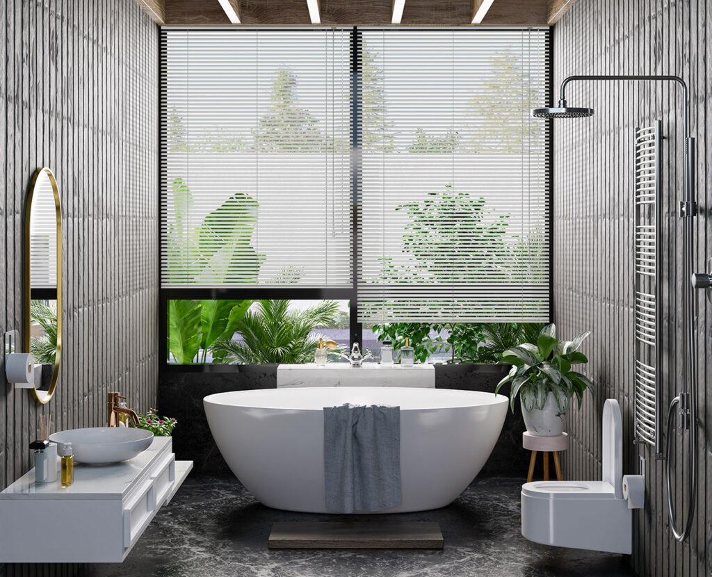 image to show how to use mixed materials in a small bathroom design