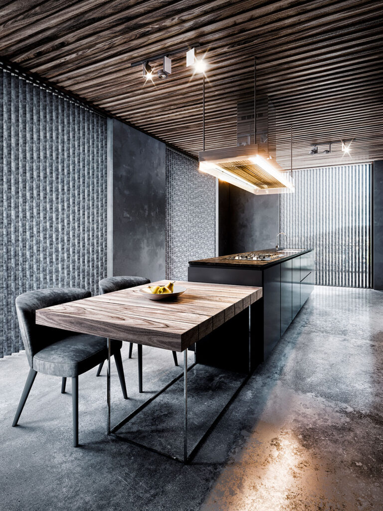 photo of modern kitchen using grey vertical blinds