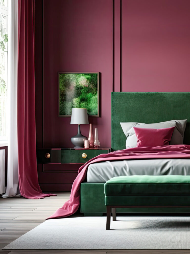 photo of a berry red and pink themed bedroom with a hint of green 