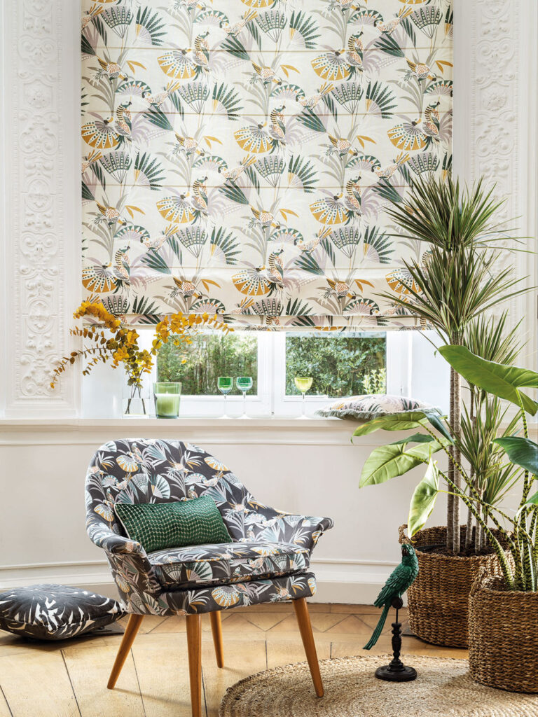 A floral statement blind in a living room.