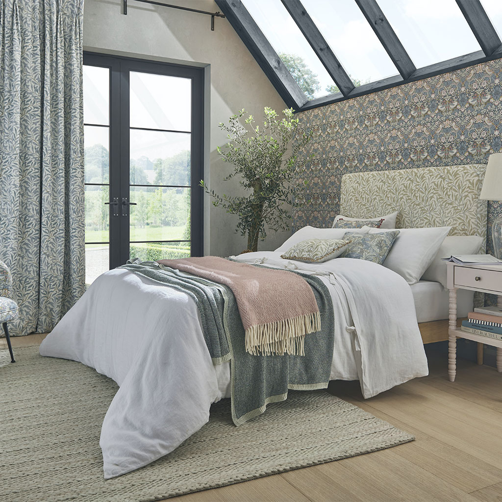 William Morris curtains in a bedroom