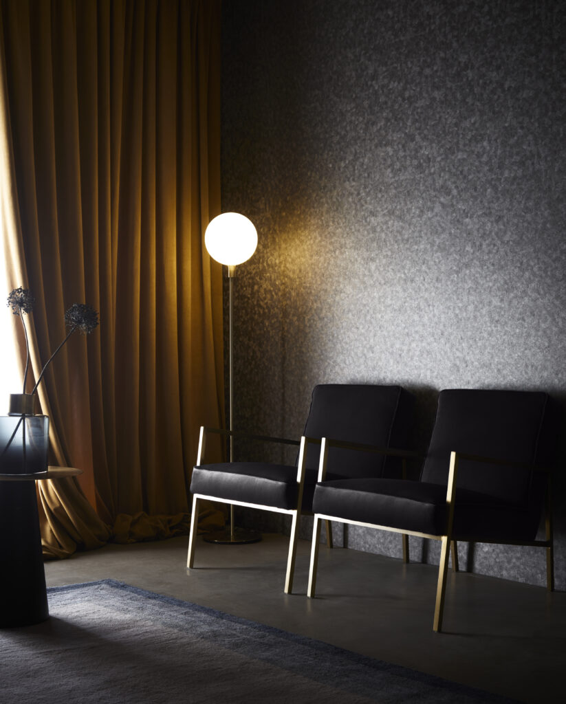 Mustard curtains in a dark living room 