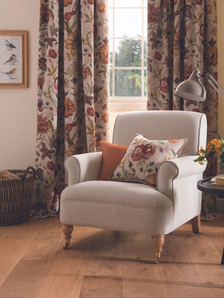 Autumn spice interior design featuring patterned curtains and cushions