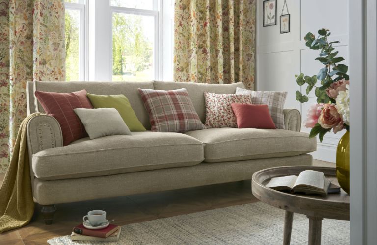 Autumn spice living room with patterned cushions and curtains